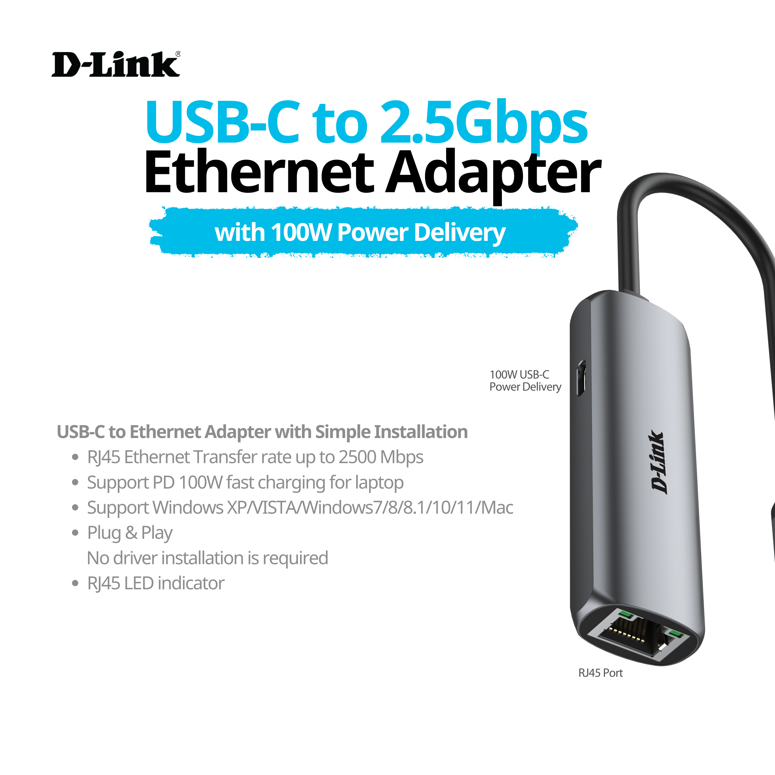 USB-C to 2.5Gbps Ethernet Adapter with 100W Power Delivery