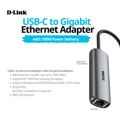 USB-C to Gigabit Ethernet Adapter with 100W Power Delivery