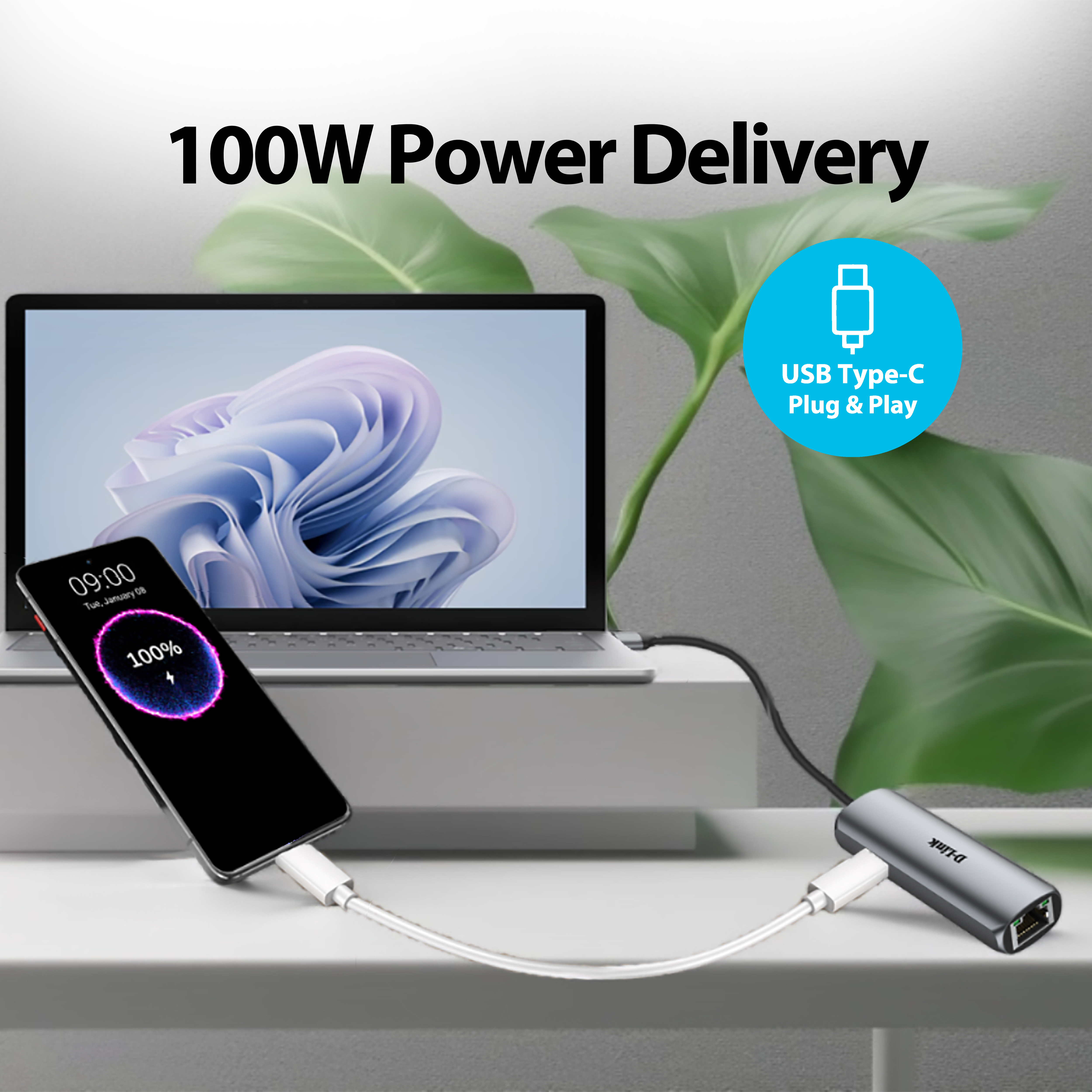 USB-C to Gigabit Ethernet Adapter with 100W Power Delivery